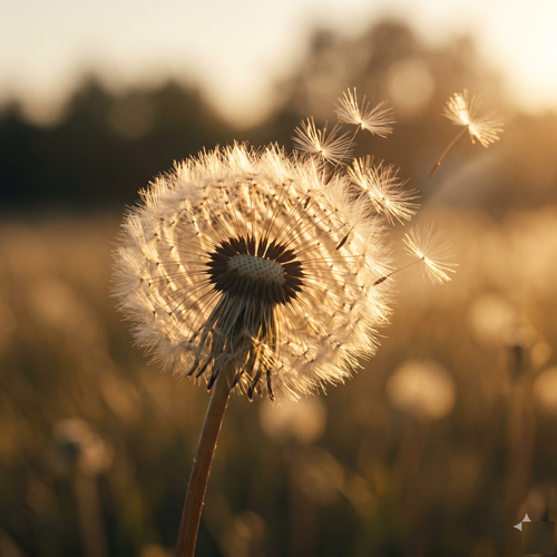 Anxious Attachment Release — single dandelion at golden hour, seeds drifting on the breeze