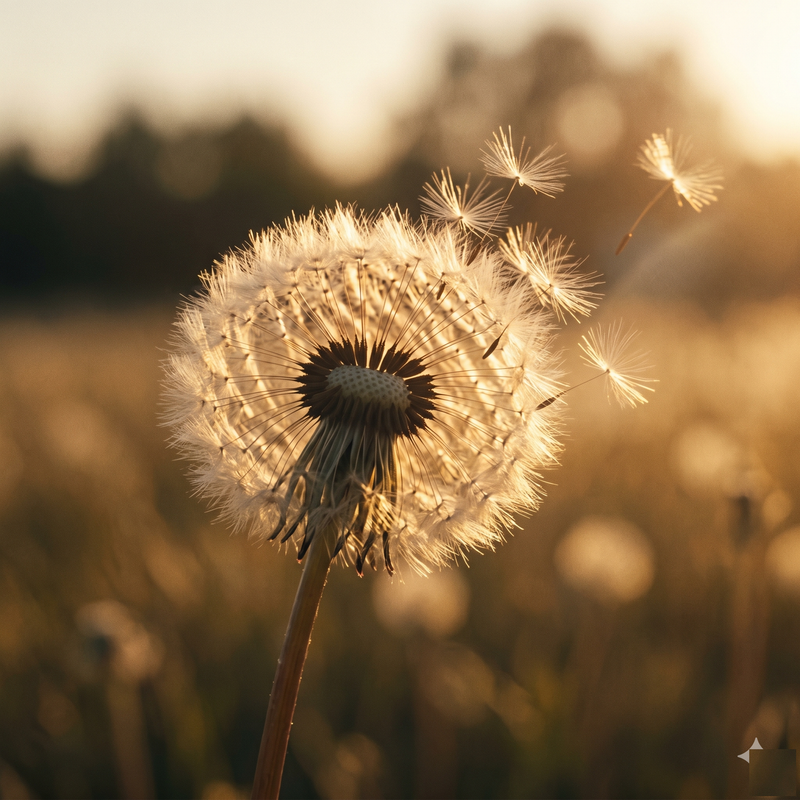 Anxious Attachment Release — single dandelion at golden hour, seeds drifting on the breeze