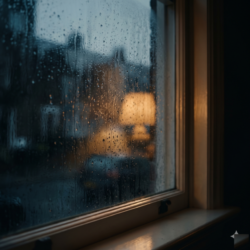 Breakup Recovery Reset — rain-streaked window at dusk