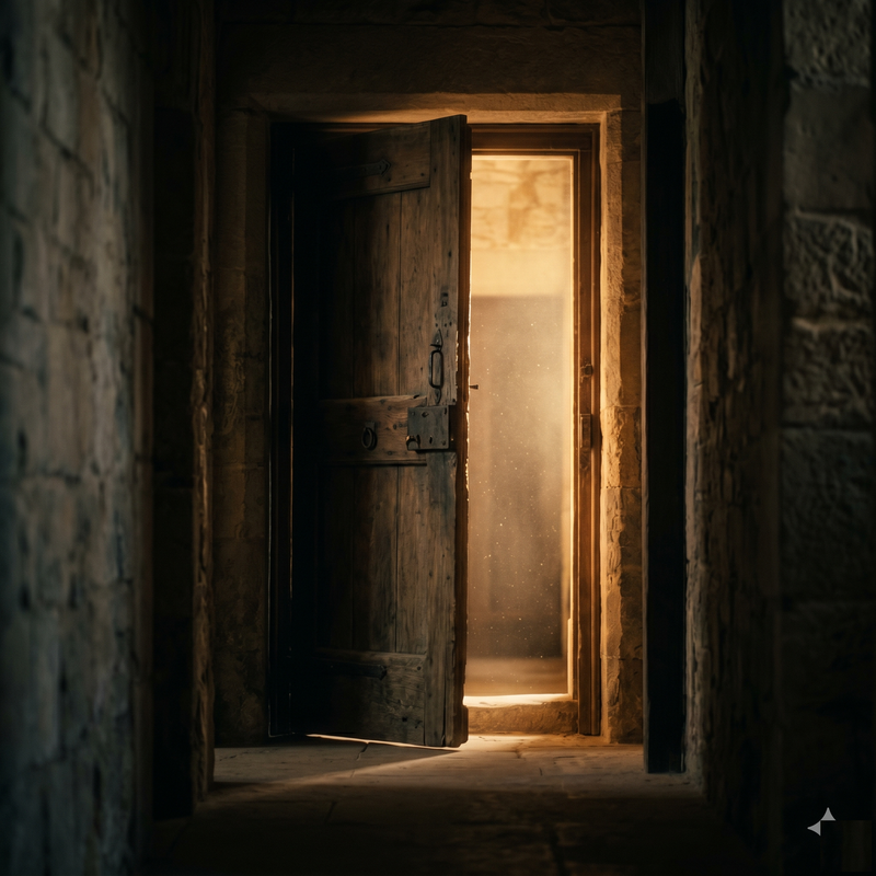 Fear of Rejection Reset — old wooden door ajar with warm light spilling through