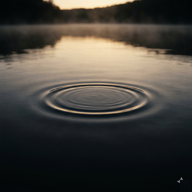 Overthinking Shutdown — single ripple expanding on still dark water at dawn