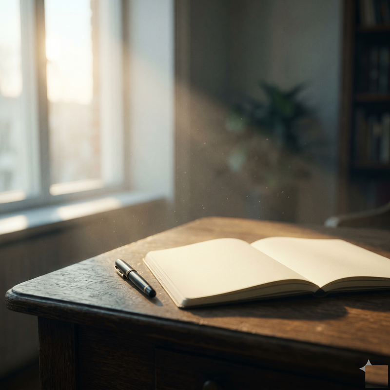 Stop Procrastinating — empty wooden desk in morning sunlight with open blank notebook