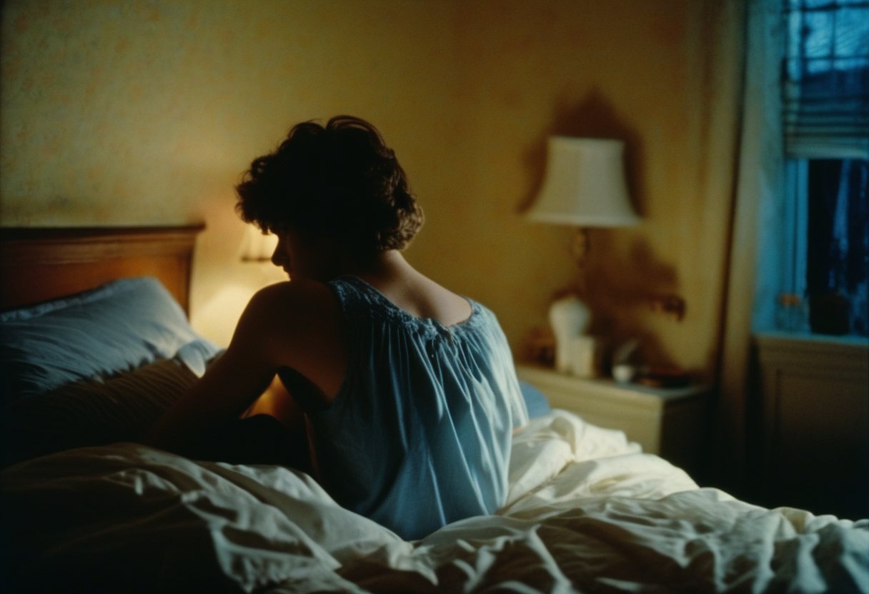 A person sitting on the edge of a bed in a dark room, head lowered, a bedside lamp on.