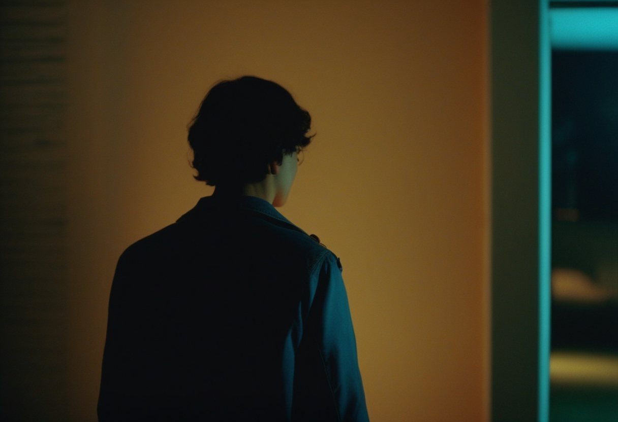 A person alone in a dim room, lit only by the phone in their hand.