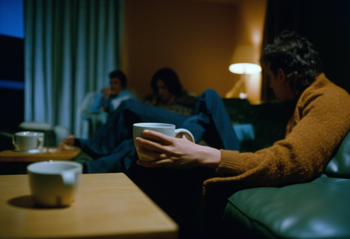 A person curled on one end of a sofa in the evening, the other end empty.