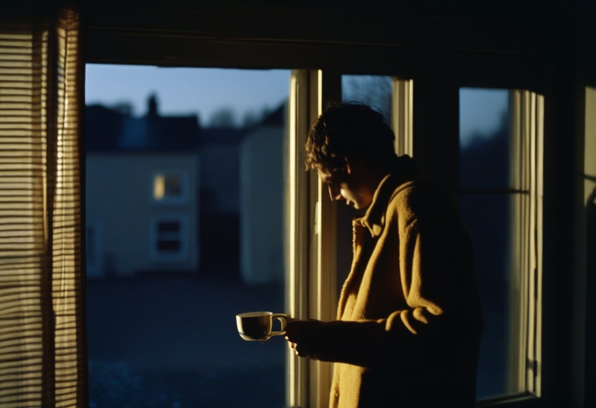 A person standing at a window in early morning light, seen from behind.