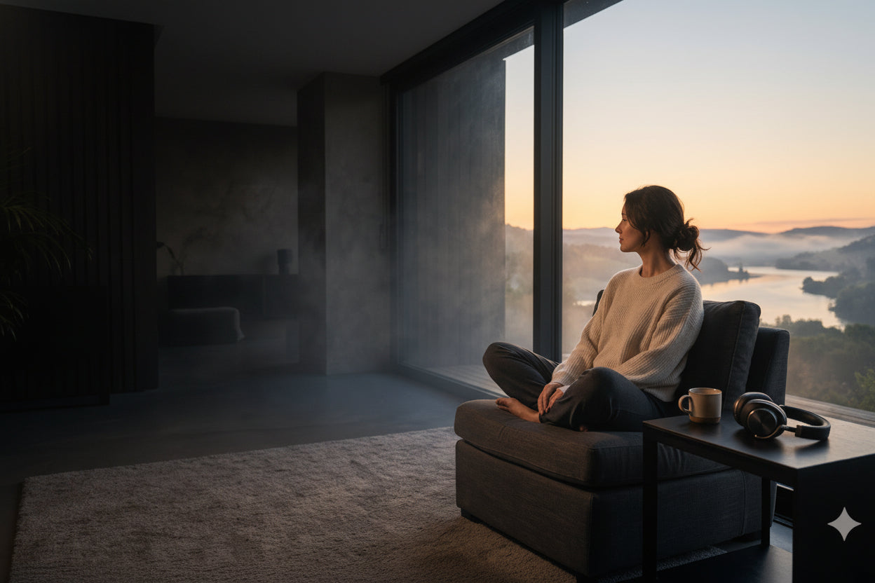 A person sitting alone by a window at dawn with headphones on, looking out.
