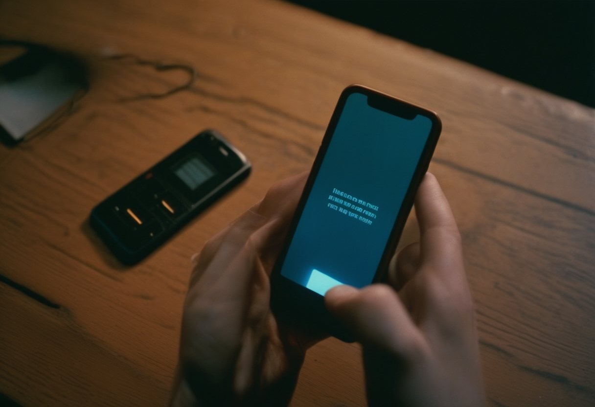 Hands holding a phone above a desk, a message typed and unsent.