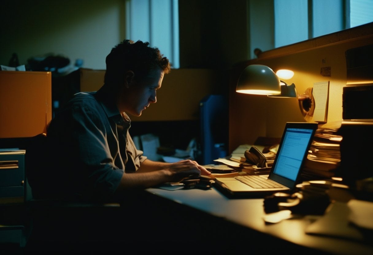 A person leaning back at a cluttered desk, turned away from an open laptop.