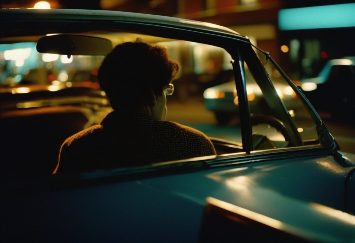 A person sitting in a parked car at night, seen from behind, lit by dashboard glow and streetlight.
