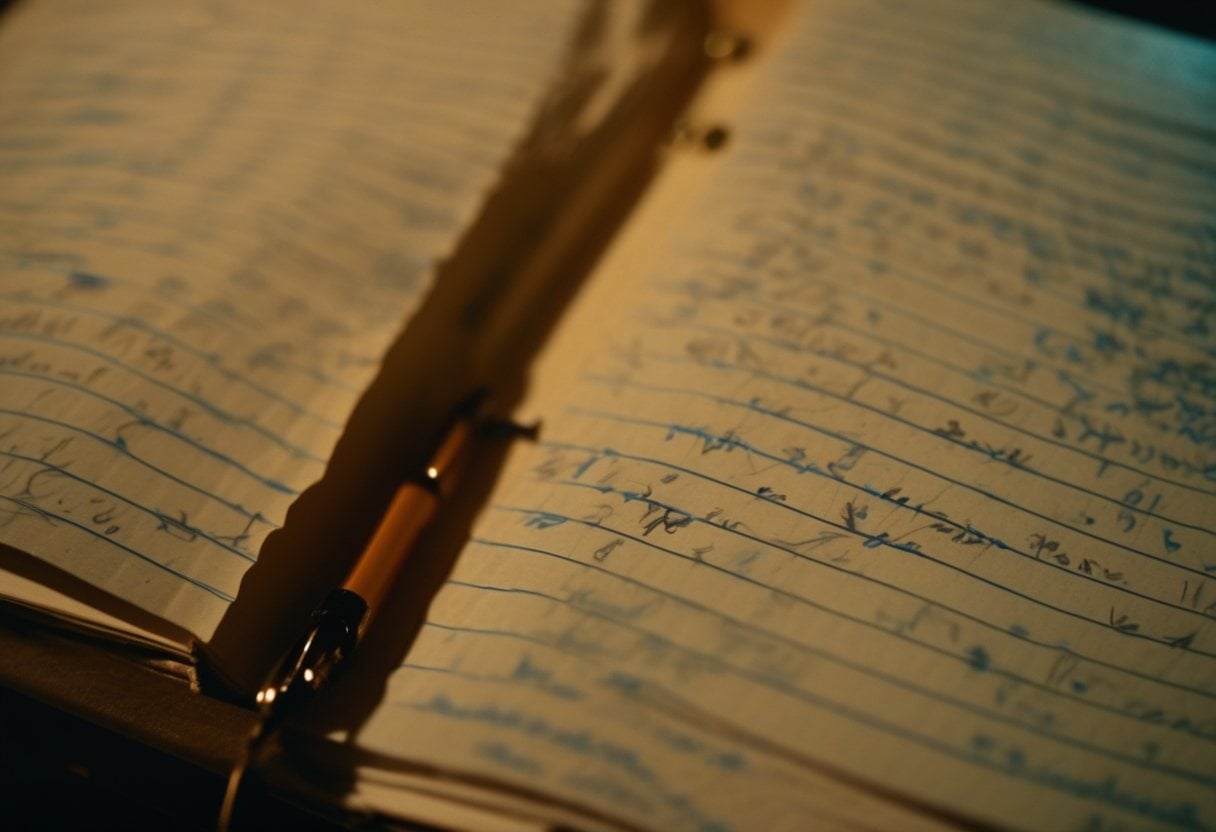 A worn notebook of handwritten pages open on a desk at night, lit by a warm lamp.